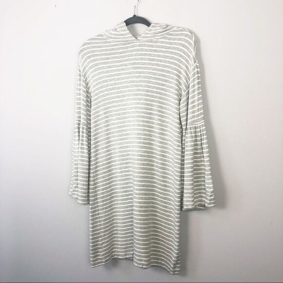 LOU & GREY | Flare Sleeve Hooded Striped Dress Gray White Women’s Size Small - Picture 3 of 7